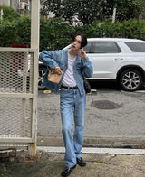 カラーレスブーツカットデニムパンツ/Collarless bootcut denim