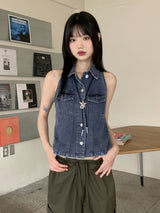 ユロンカラーラインデニムホルターシャツノースリーブ / Yureon Collar Line Denim Halter Shirt Sleeveless