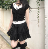 romantic lovely ribbon choker frill ribbed T-shirt
