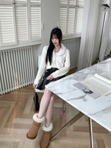 Kime collar fur ribbon string long sleeve cardigan