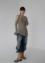 リボンオープンショルダーニット / Ribbon Open Shoulder Knit (4color)