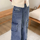 Turbin strap cargo pocket washing denim long wide pants
