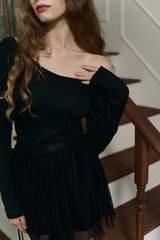 Nostalgia U neck T Shirt (&Off shoulder) - Black