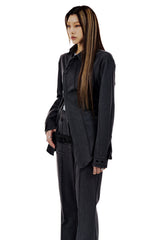 LEATHER STRAP TAILORED PANTS (CHARCOAL) (6654715560054)