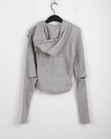 Mund shoulder sleeve slits cutout warmer ribbed hood zip-up