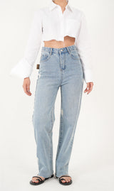 ストレートフィットバックポケットレザーパッチポイントブレットマークデストロイドデニムパンツ / STRAIGHT FIT BACK POCKET LEATHER PATCH POINT BULLET MARK DESTROYED DENIM PANTS [16624]