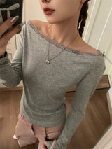 レースオフショルダー長袖Tシャツ