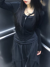 ユニークV-ストラップジッパースリムTシャツ