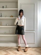 Kime collar fur ribbon string long sleeve cardigan