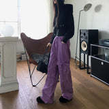 Kui パープルピグメントカーゴバックバンディングロングワイドデニムパンツ