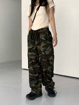 ポッケルヒップカモミリタリーバンディングワイドカーゴパンツ/ Pockel Hip Camo Military Banding Wide Cargo Pants