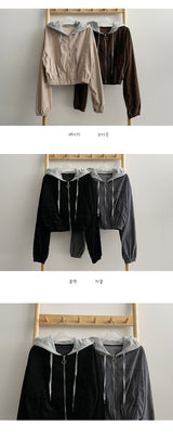 ビーズバンディングカラーリブフードジップアップ / Beads banding color ribbed hood zip-up