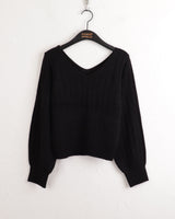 High knee ribbed V-neck semi-crop long-sleeve knit