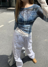 Denim see-through long sleeve top