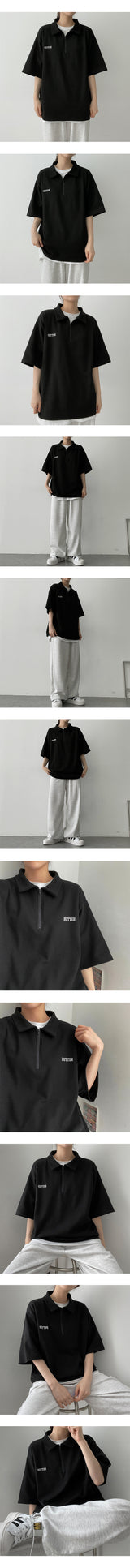 バター刺繍セミジップアップショートスリーブTシャツ / Butter embroidery semi zip-up short-sleeved T-shirt
