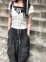 linen denim big pocket balloon cargo pants