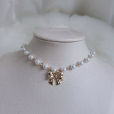 Adorable Ribbon Pearl Choker Necklace - Gold
