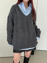 ウールVネックツイストニット/Wool V-neck Twist Knit (3color)