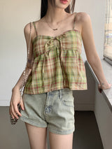 リペンチェックカップ付きシャーリングリボンストリングキャミソール / Lipen Check Cap-Included Shirring Ribbon String Sleeveless