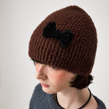 FLUFFY RIBBON BEANIE, BROWN