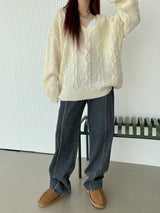 ウールVネックツイストニット/Wool V-neck Twist Knit (3color)
