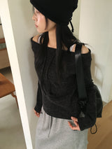 ルティンリボンストラップオフショルダーリブニット