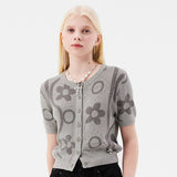 チェリージャカードパターンショートスリーブカーディガン / CHERRY JACQUARD PATTERN SHORT SLEEVE CARDIGAN [MELANGE GRAY]