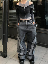 grunge washing off-shoulder crop two-way zip-up