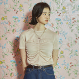 シャーリング トップ レイヤード Tシャツ / [LINE] Shirring Top Layered T-Shirt (Beige)