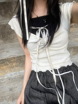 romantic lovely ribbon choker frill ribbed T-shirt