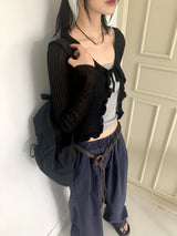 リチュトランスシーズンフリルストラップシースルーロングスリーブカーディガン