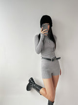 Two-piece ribbed slim pants (Belt included)