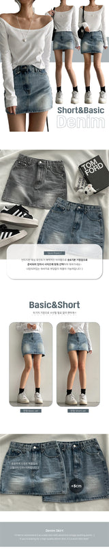 [Short, Basic/S-2XL] Padded vintage washing denim mini-skirt