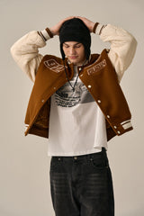 QUILTING POINT VARSITY JACKET - BROWN