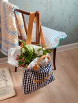 Porto check pattern bag picnic check cotton cloth bag cross shoulder tote bag L size