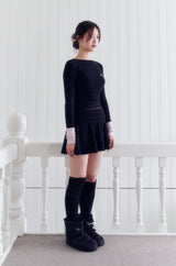 Boat Neck Two-Tone Long Sleeve Top (BLACKPINK)