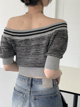 メタストライプグラデーションオフショルダークロップド半袖ニット / Meta Striped Gradation Off-Shoulder Cropped Short-Sleeved Knit