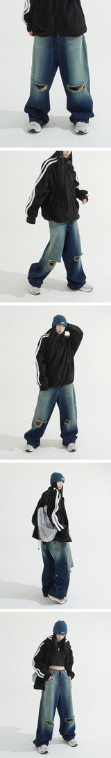 Sand Cutting Maxi Wide Denim Pants