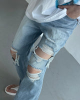 ライトブルービンテージデニムパンツ / TR2453 Light blue vintage denim pants (XS–L)
