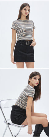 ストライプ 半袖 Tシャツ・カットソー/Summer Knit Stripe Crop Top [2カラー]