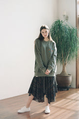 "PRE-ORDER 4/16~"  WOOD-CUT UNBALANCE FLARE SKIRT (Khaki) (6546130501750)
