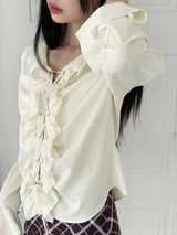 ブルダスプリングラッフルアイレットストラップ長袖ブラウス/Vulda Spring Ruffle Eyelet Strap Long Sleeve Blouse