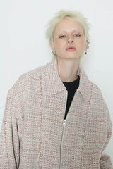 Raw Cut Detail Tweed Trucker Jacket Ivory & Red