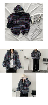 Thick irregular pattern string fleece hood zip-up jumper