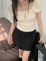 レクトリブドパフスクエアネック半袖Tシャツ / Recto Ribbed Puff Square Neck Short Sleeve T-shirt
