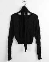 トリーVネックシャーリングプリーツクロップドロングスリーブTシャツ
