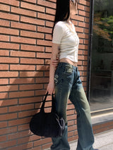 インフィレトロウォッシュインシジョンヒッププリントブーツカットデニムパンツ/Infi Retro Washing Incision Hip Printing Bootcut Denim Pants
