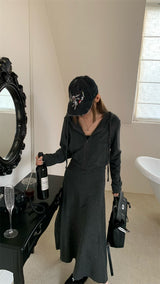 Charcoal hooded zip-up one-piece set