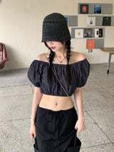 ミネンデニムオフショルダークロップド半袖ブラウス / Minen Denim Off Shoulder Cropped Short Sleeve Blouse