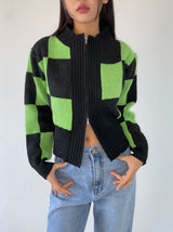 グリーンチェックニットジップアップ/green check knit zip-up